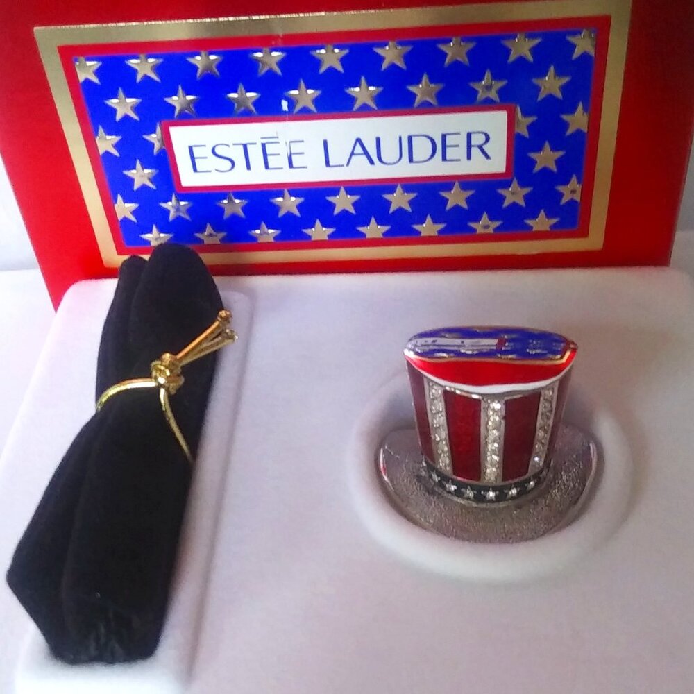 Vintage Estee Lauder "Star Spangled Hat" Pleasures Solid Compact-LikeNew Vintage